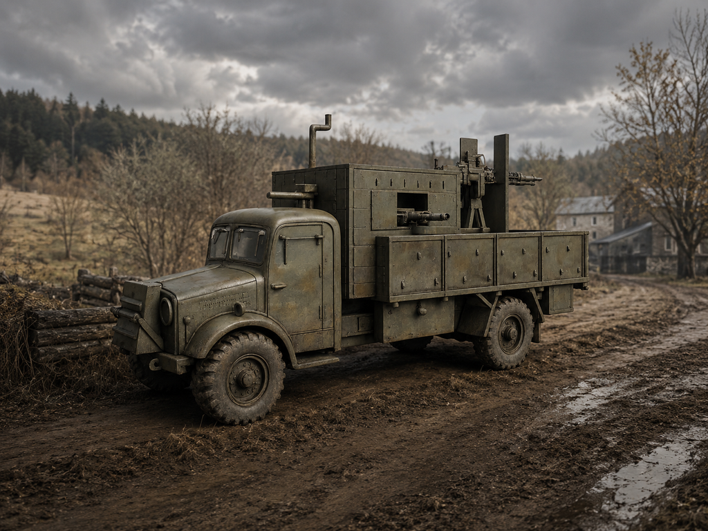 Armadillo Mk. III SPG Improvisierter gepanzerter Lastwagen mit Selbstfahrlafette
