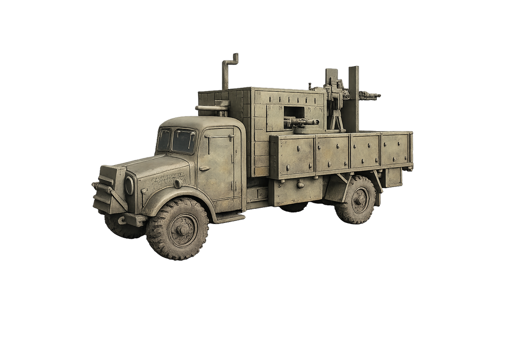 Armadillo Mk. III SPG Improvisierter gepanzerter Lastwagen mit Selbstfahrlafette