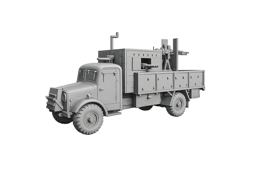 Armadillo Mk. III SPG Improvisierter gepanzerter Lastwagen mit Selbstfahrlafette