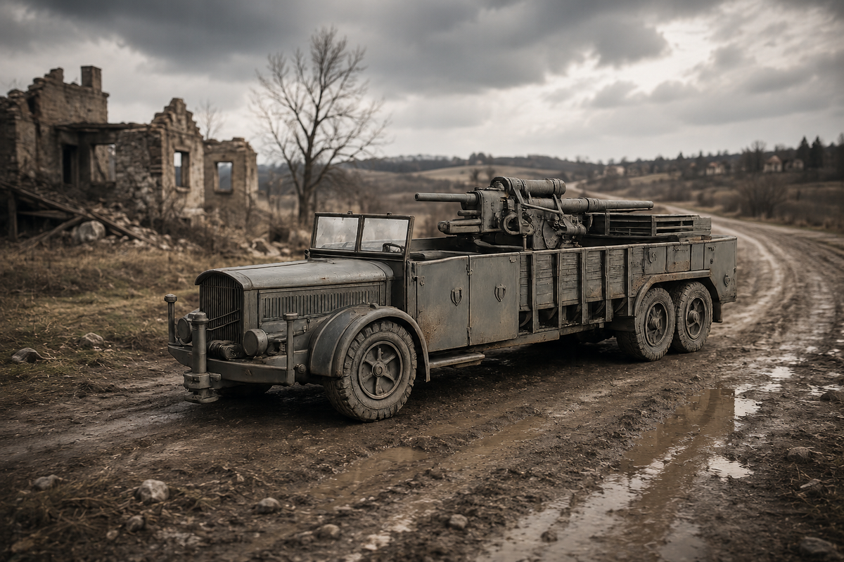 Selbstfahrlafette auf Fahrgestell VOMAG 7 OR 660 mit 8,8-cm-Flak Transport-Modus