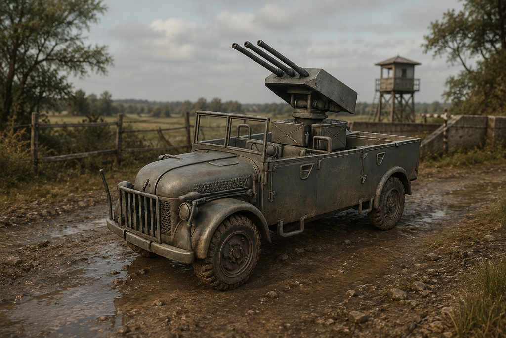 Steyr 1500 mit Flakdrilling MG 151 Geländegängiges Transportfahrzeug mit aufgesetzter Flugabwehrlafette