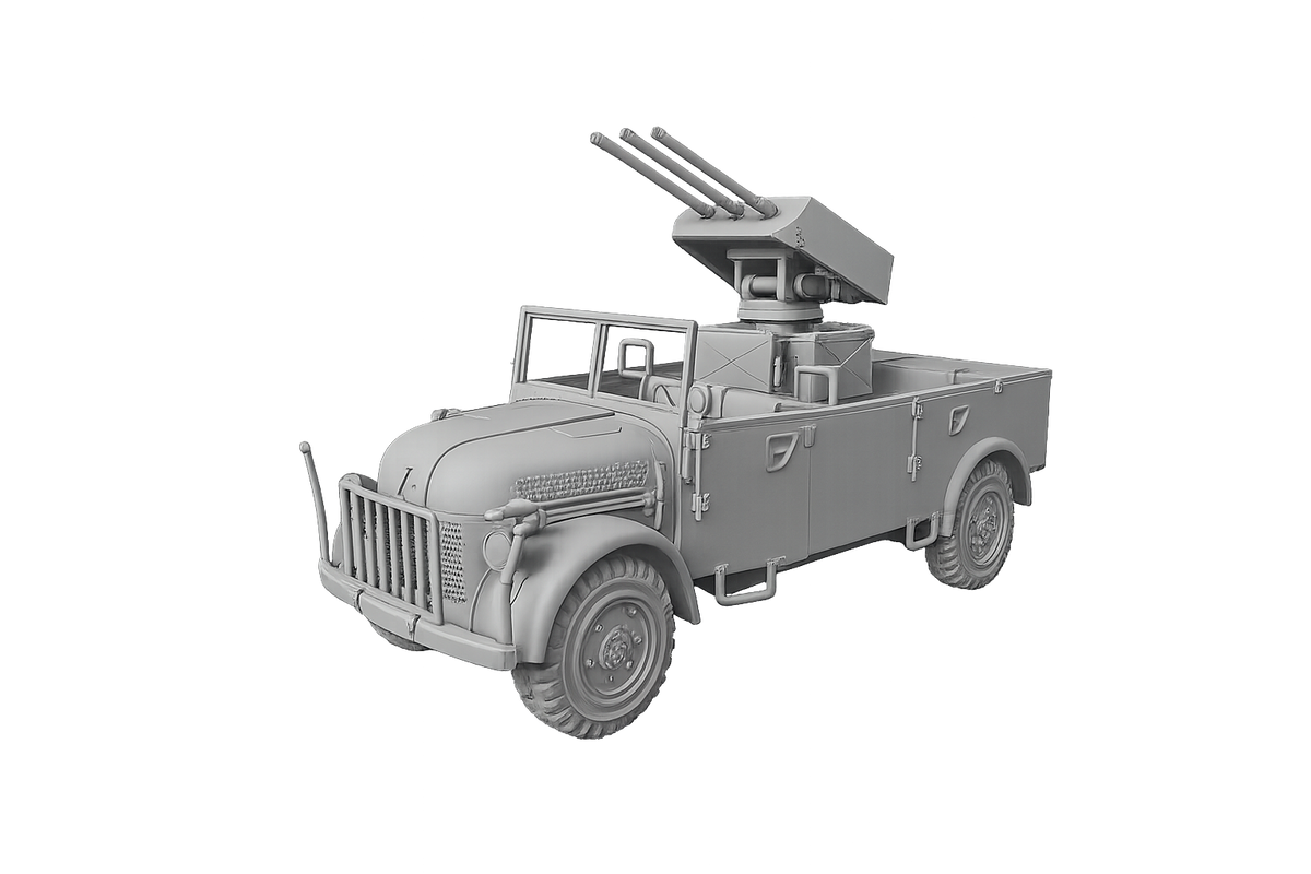 Steyr 1500 mit Flakdrilling MG 151 Geländegängiges Transportfahrzeug mit aufgesetzter Flugabwehrlafette