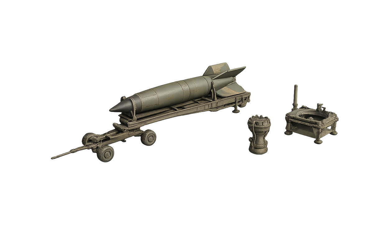 Meillerwagen mit V2-Rakete Spezialanhänger zum Transport und Aufrichten einer Rakete