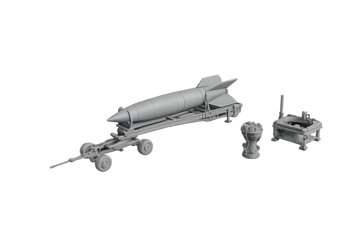 Meillerwagen mit V2-Rakete Spezialanhänger zum Transport und Aufrichten einer Rakete