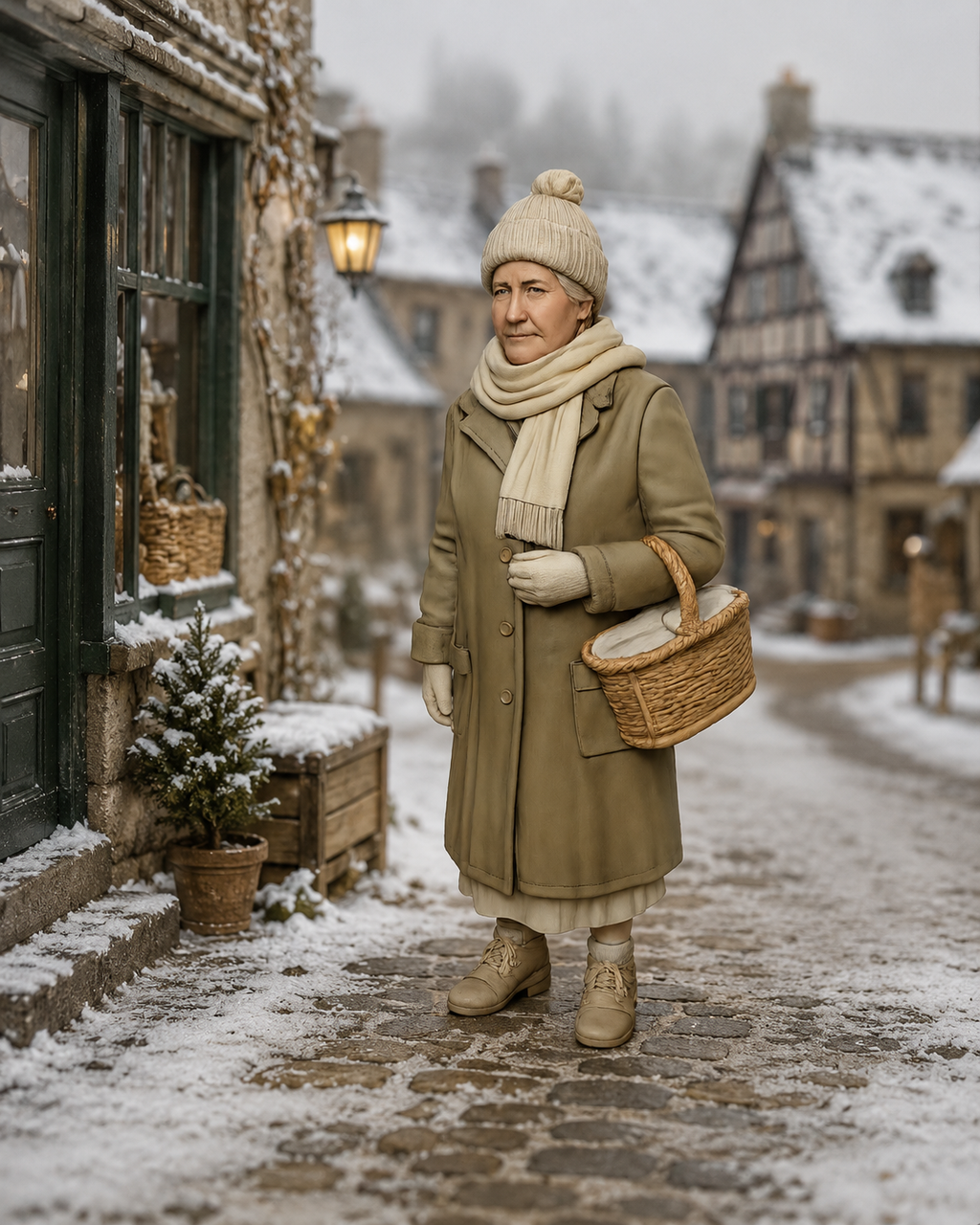 Ältere Dame mit Korb - Winterszene der 1930er-Jahre