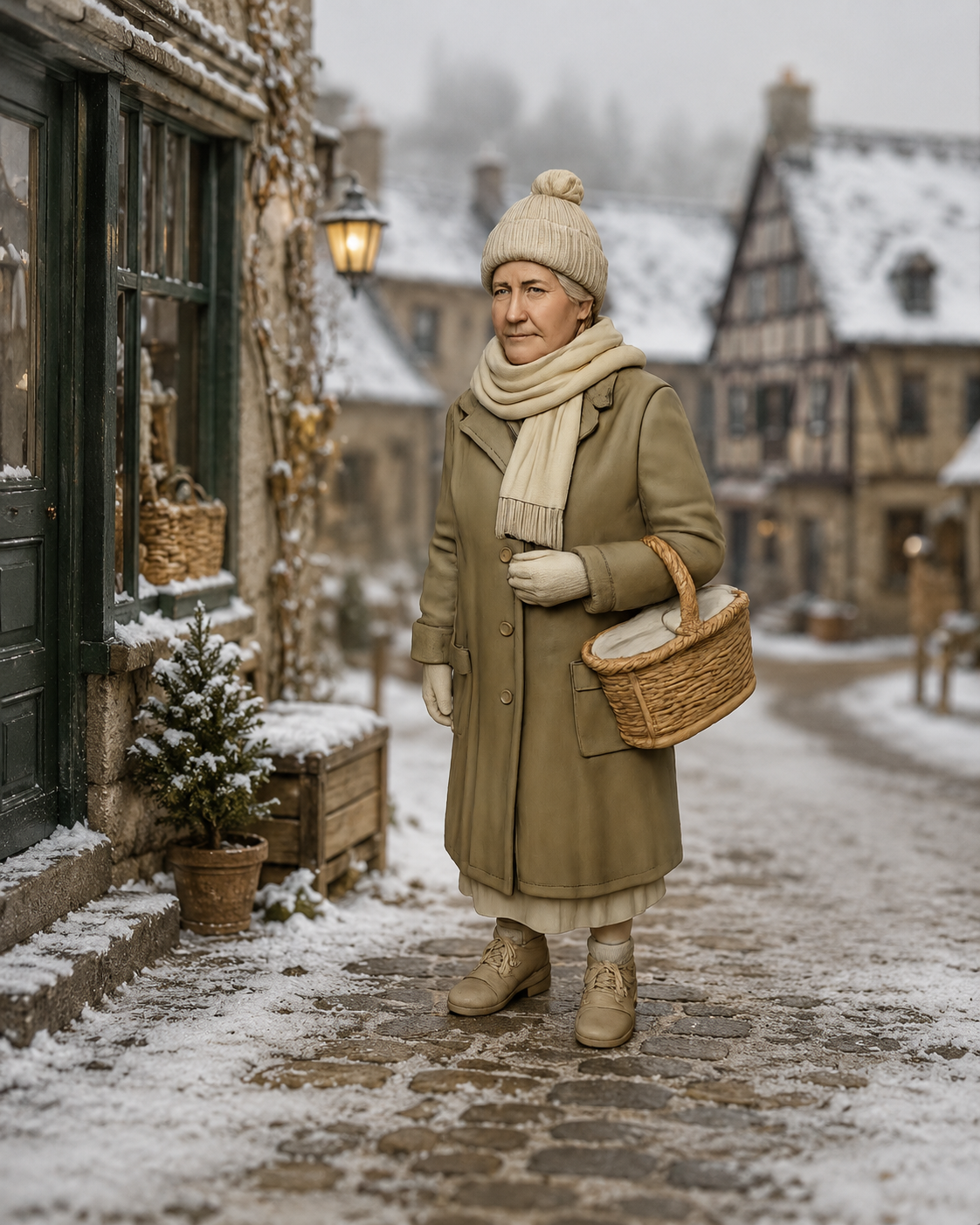 Ältere Dame mit Korb - Winterszene der 1930er-Jahre