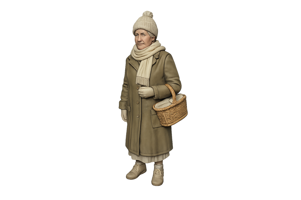 Ältere Dame mit Korb - Winterszene der 1930er-Jahre