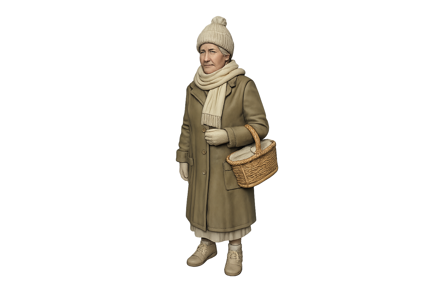 Ältere Dame mit Korb - Winterszene der 1930er-Jahre