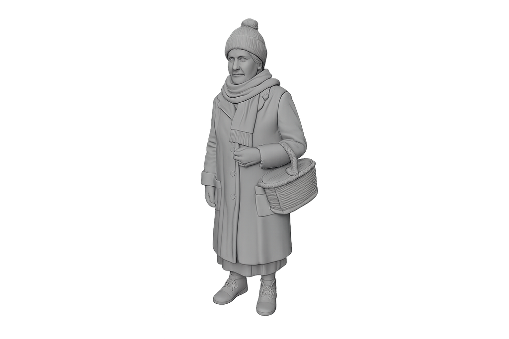 Ältere Dame mit Korb - Winterszene der 1930er-Jahre